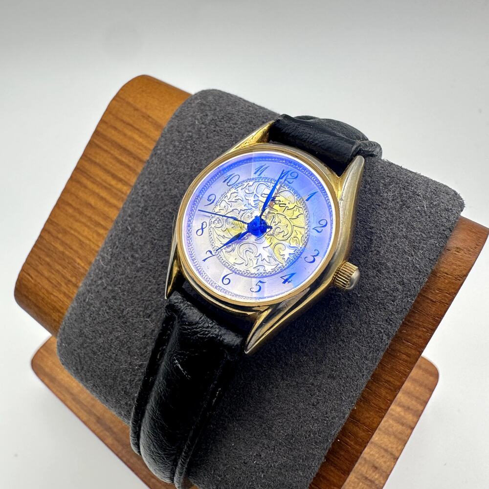 CHIC Women's Gold Tone Quartz Analog Watch Black Strap Ornate Dial